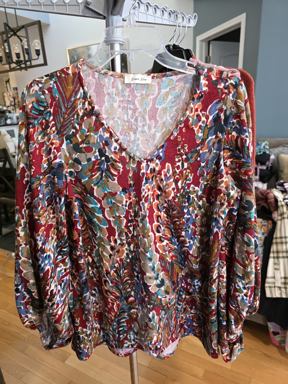 Beeson River Red Multi V-Neck Balloon Sleeve Blouse